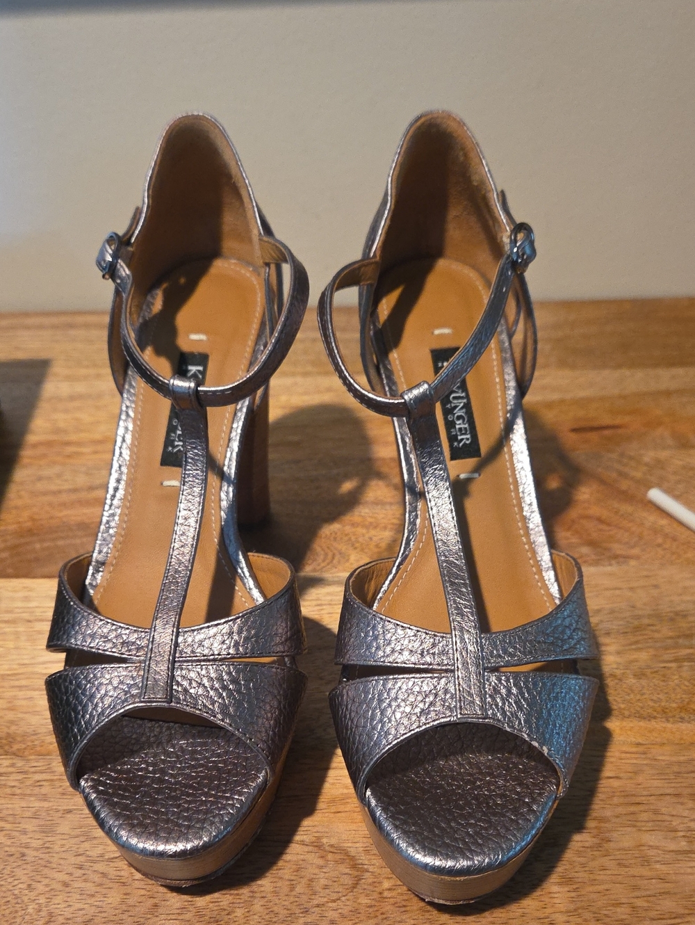 Kay Unger Pewter T-Strap Platform Sandals